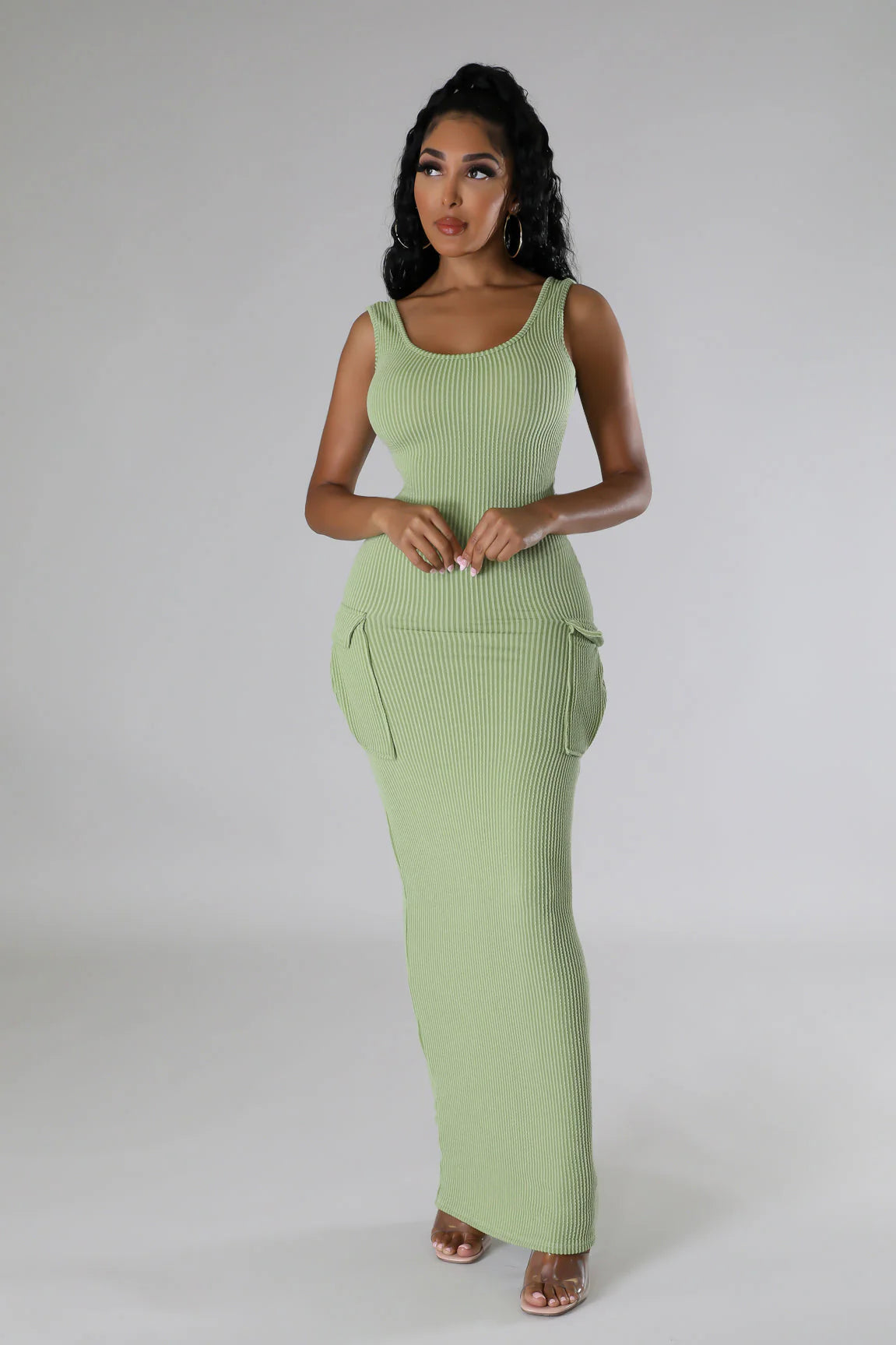 Finding Comfort Ribbed Midi Dress Denim Sage - Ali’s Couture 