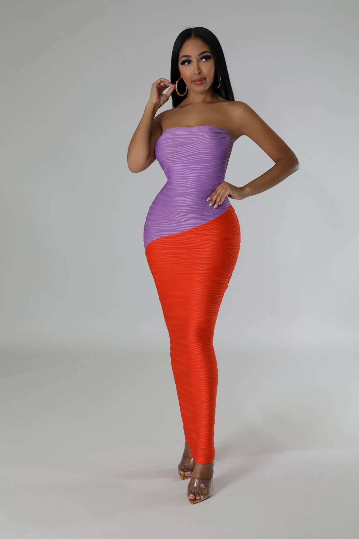 Two Tone Strapless Midi Dress Multi Red