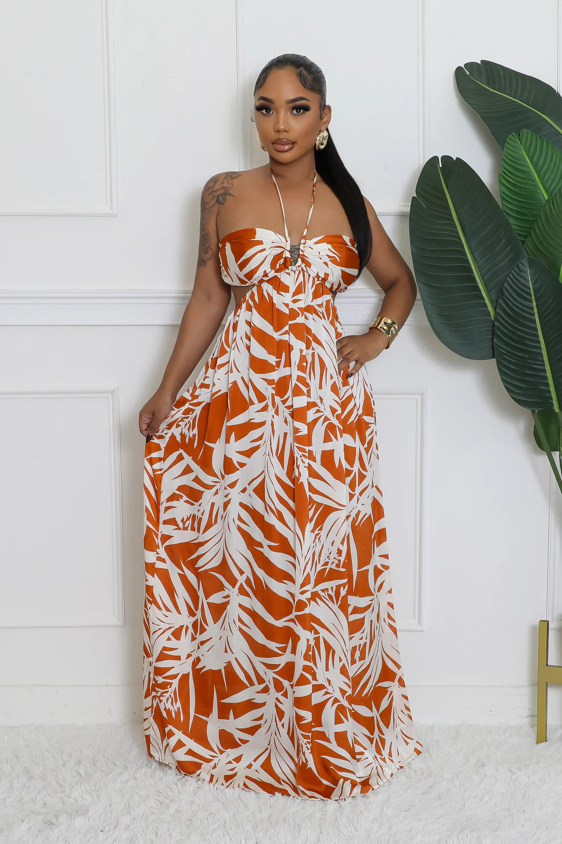 Malakai Tropical Maxi Dress Cognac - Ali’s Couture 
