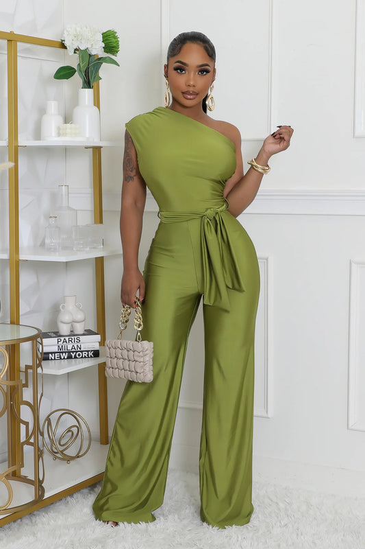 Monelle One Shoulder Jumpsuit Green Moss - Ali’s Couture 