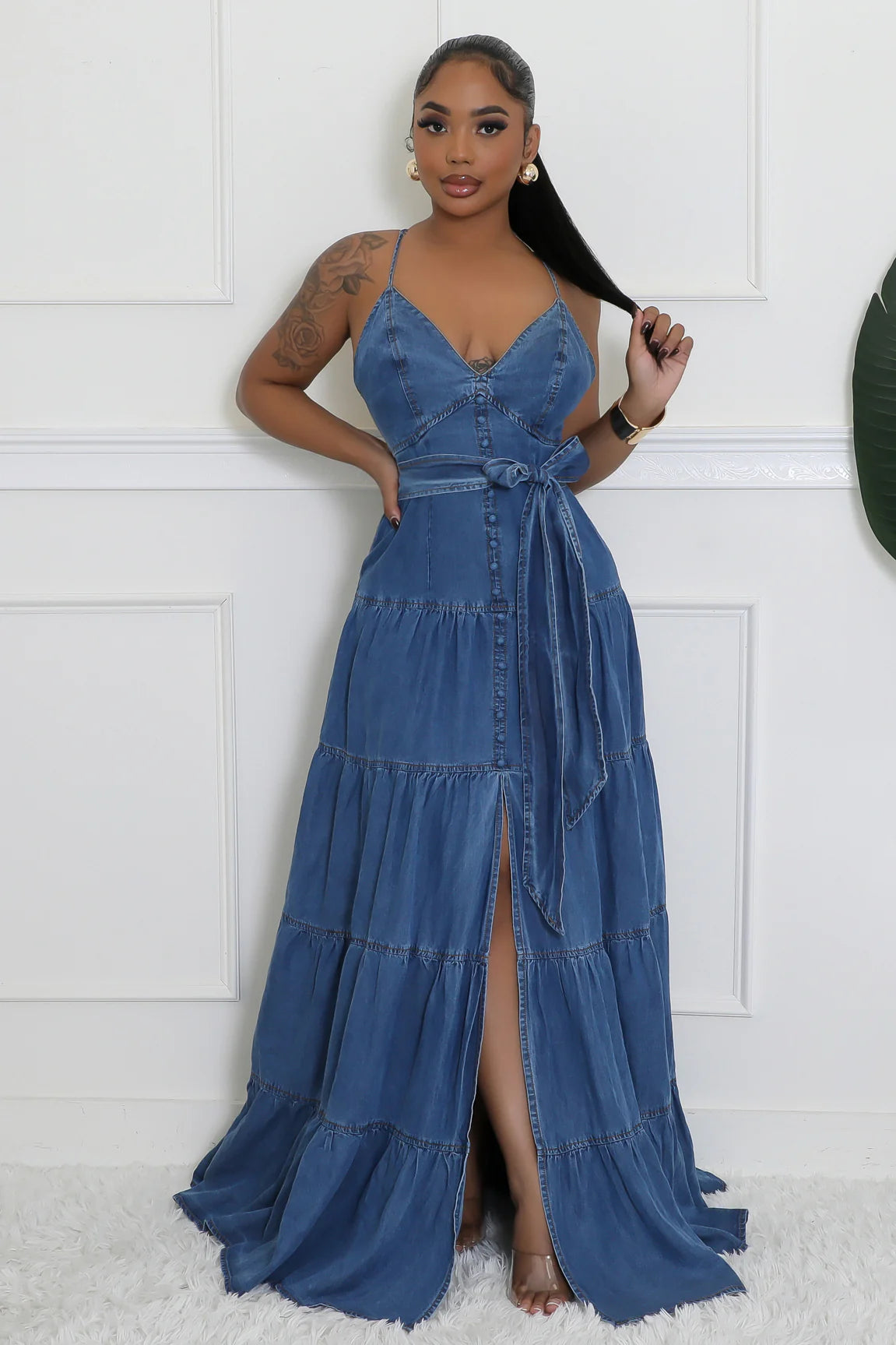 Florenza Denim Maxi Dress Medium Wash - Ali’s Couture 