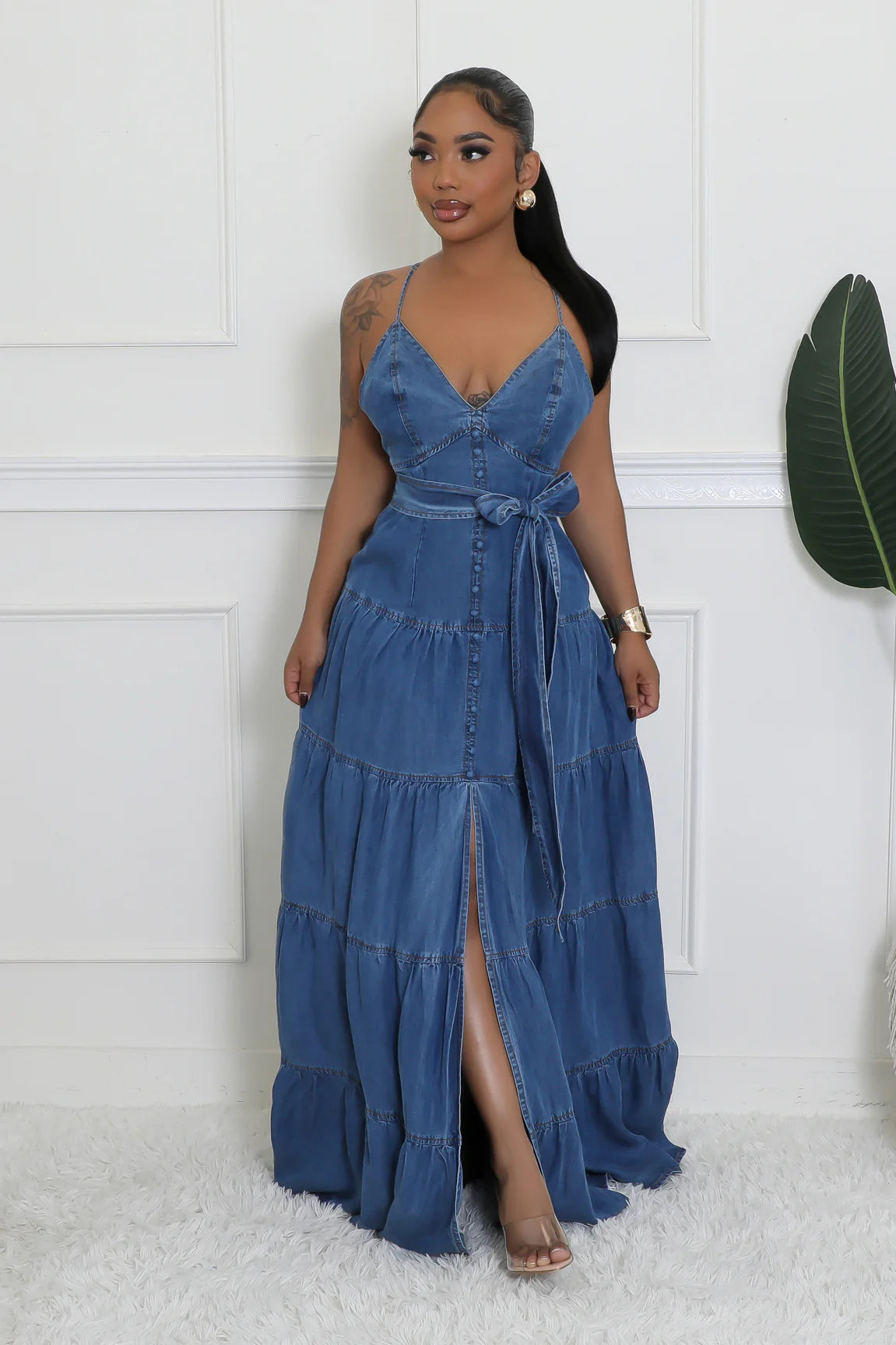 Florenza Denim Maxi Dress Medium Wash - Ali’s Couture 