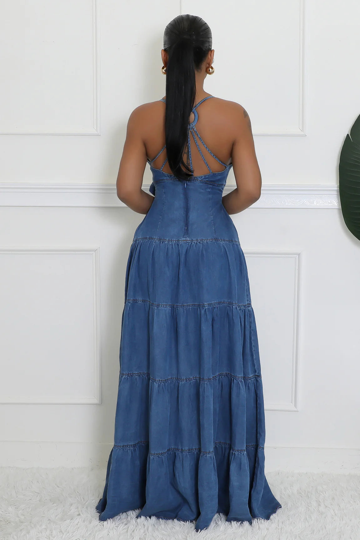 Florenza Denim Maxi Dress Medium Wash - Ali’s Couture 