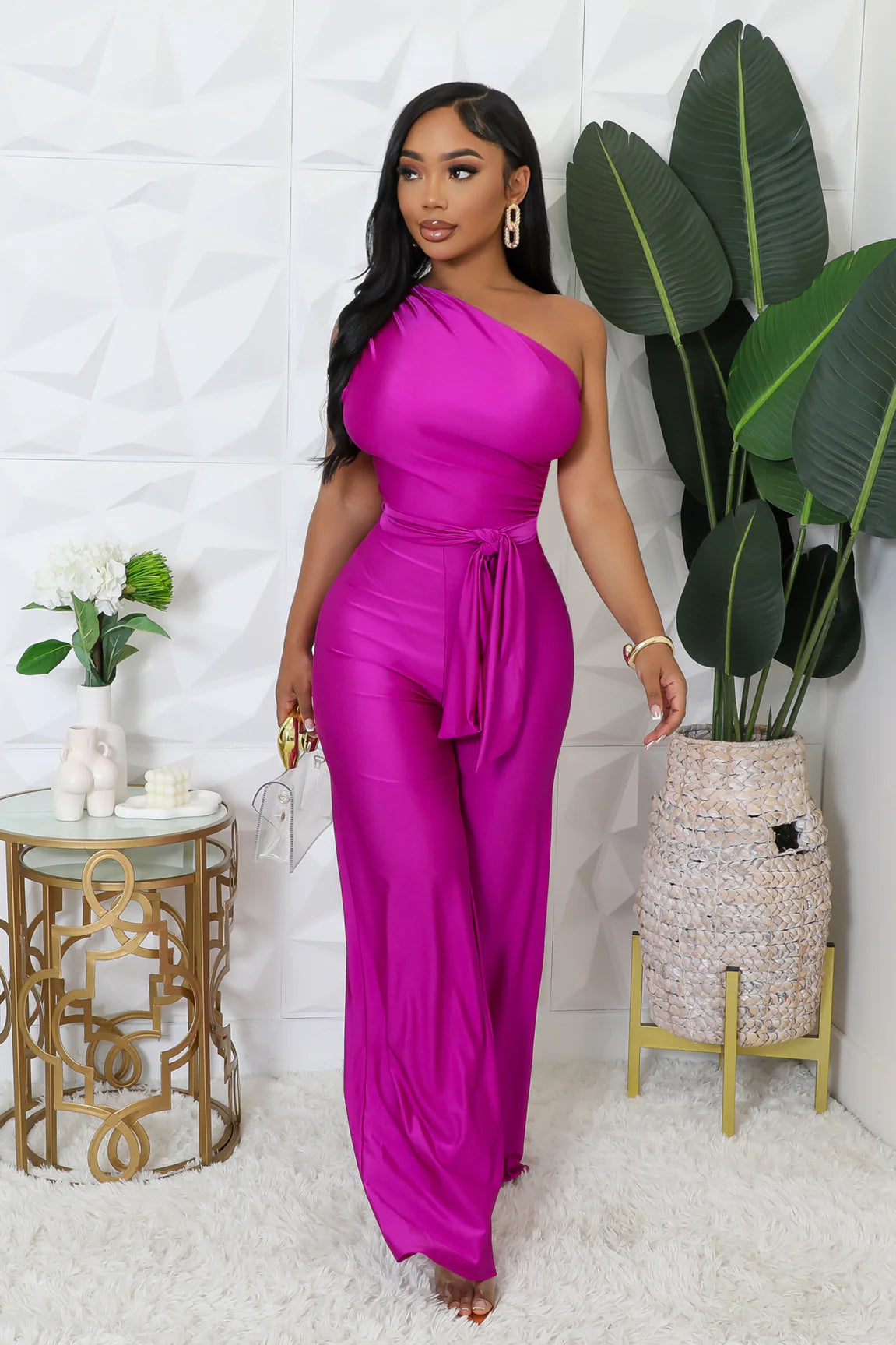 Monelle One Shoulder Jumpsuit Magenta - Ali’s Couture 