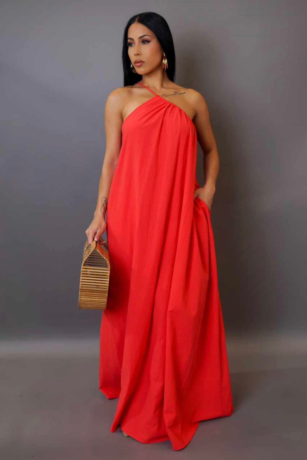 Summer Flow One Shoulder Maxi Dress Coral - Ali’s Couture 