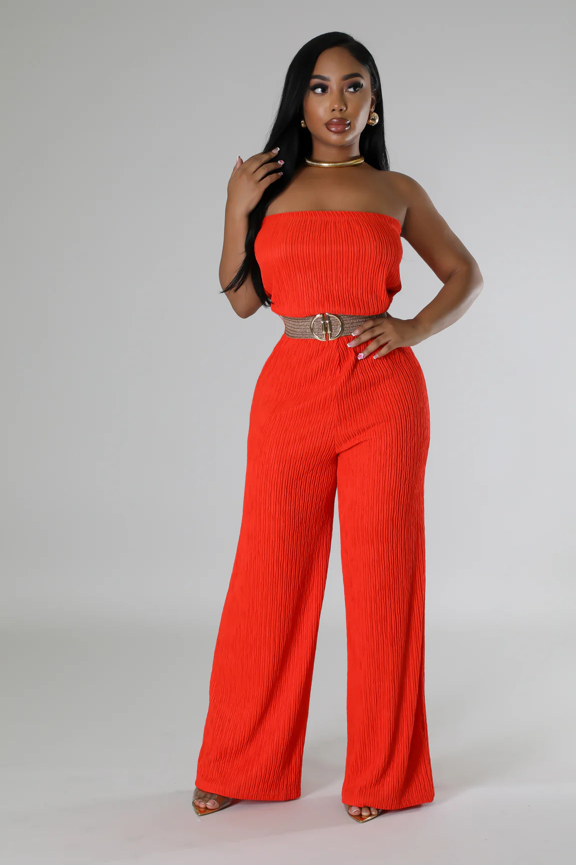 Nanori Strapless Belted Jumpsuit Orange - Ali’s Couture 