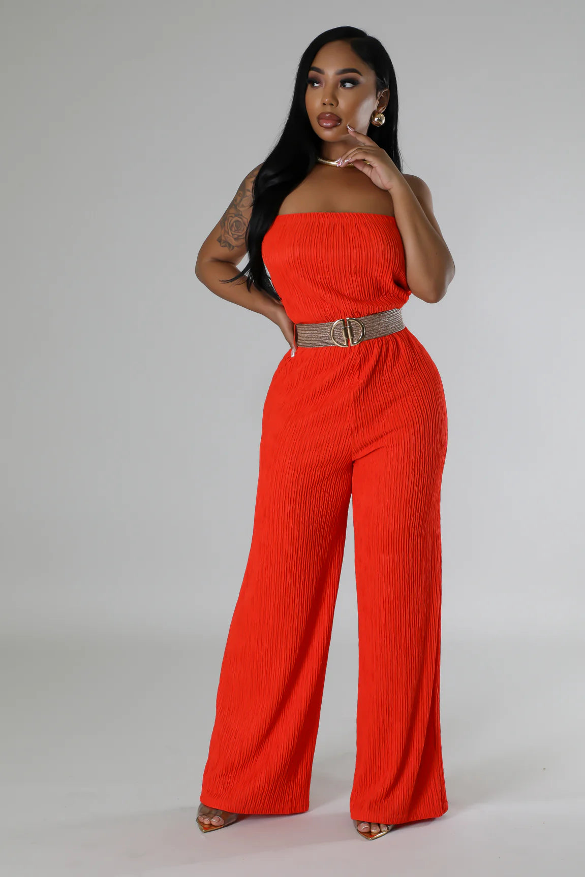 Nanori Strapless Belted Jumpsuit Orange - Ali’s Couture 