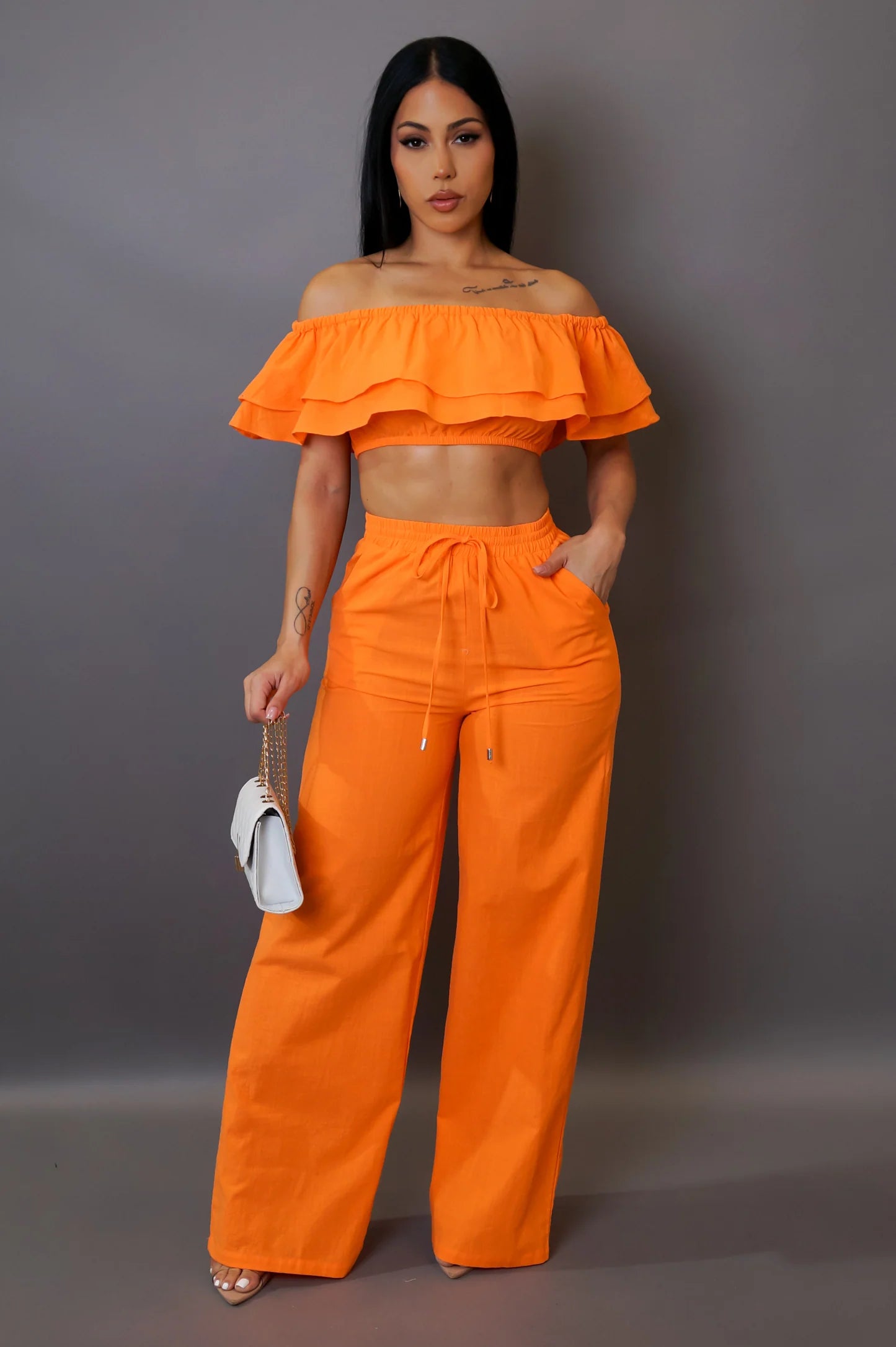 Malvina Ruffle Crop Top Pant Set Orange - Ali’s Couture 