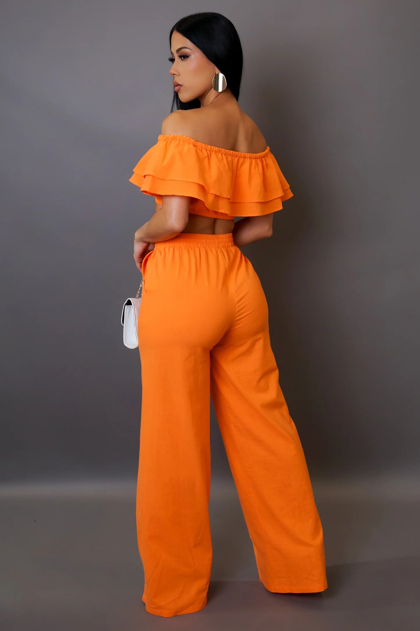 Malvina Ruffle Crop Top Pant Set Orange - Ali’s Couture 