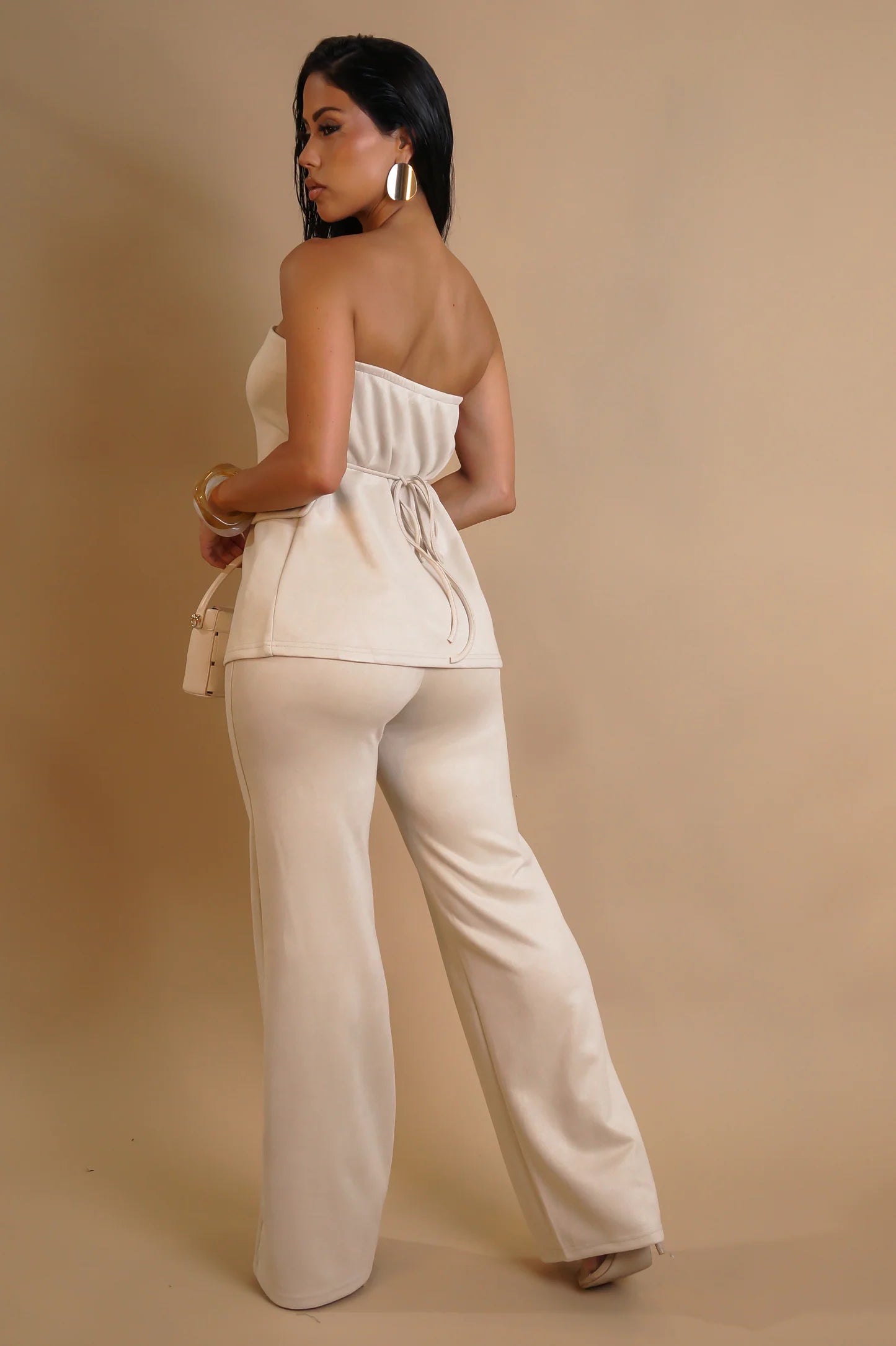 Veldora Strapless Faux Suede Pant Set Cream