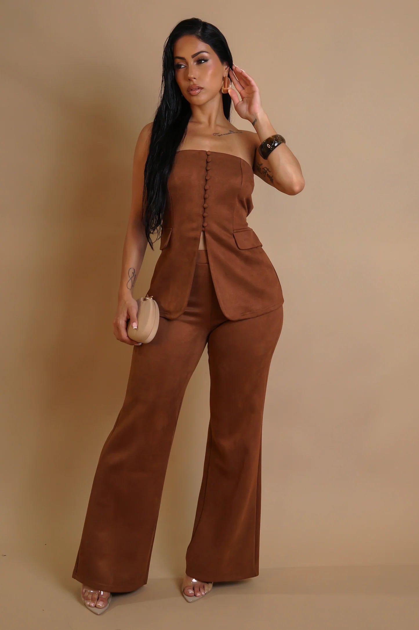 Veldora Strapless Faux Suede Pant Set Brown