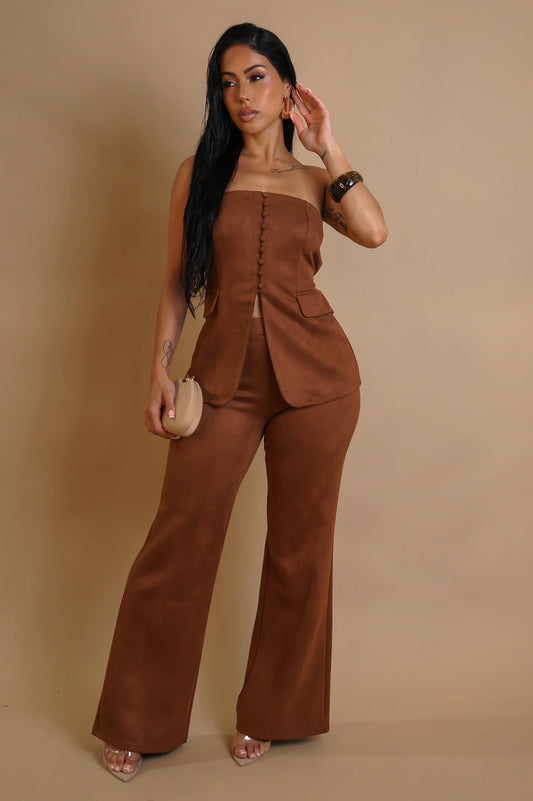 Veldora Strapless Faux Suede Pant Set Brown