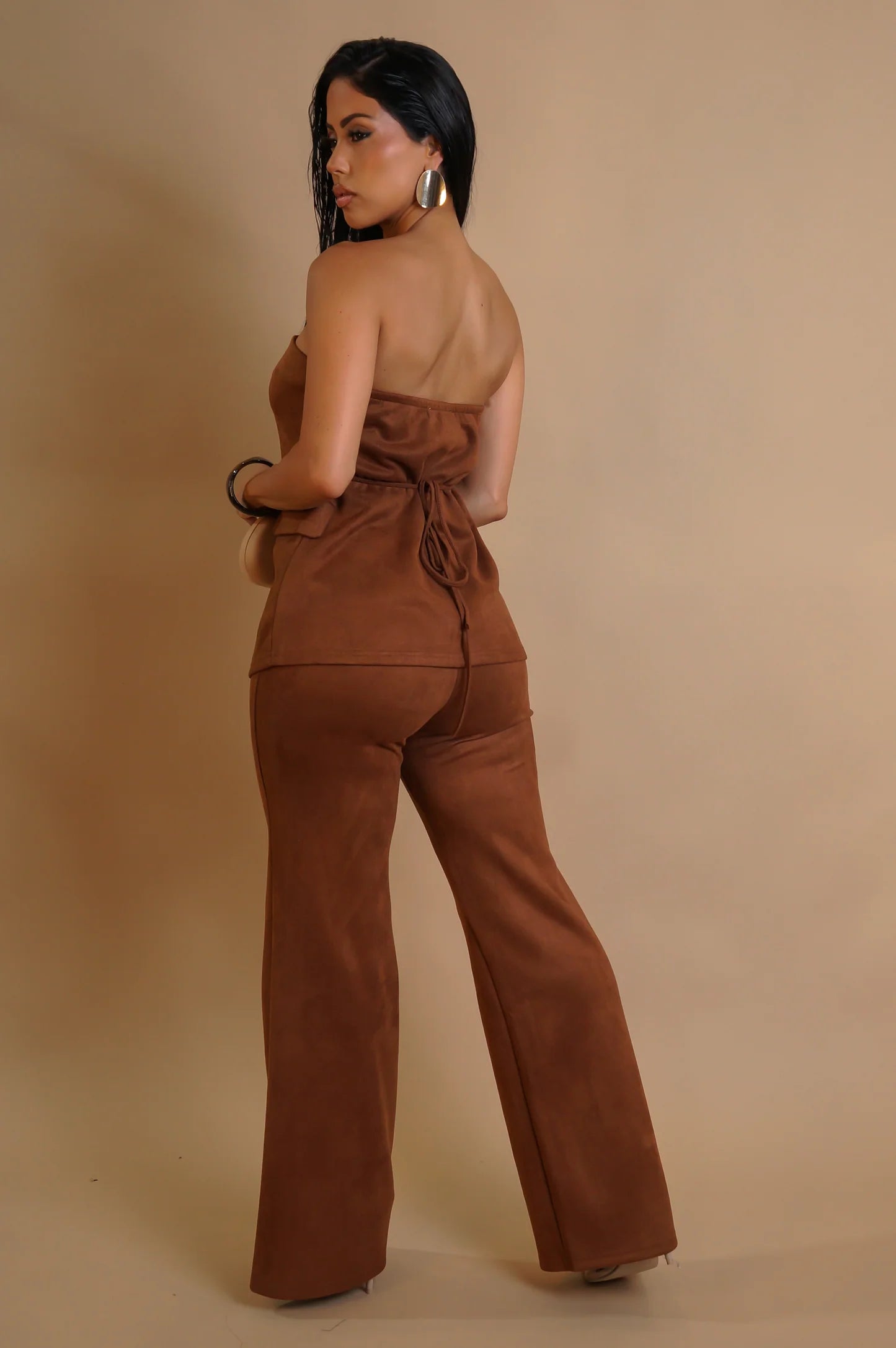 Veldora Strapless Faux Suede Pant Set Brown