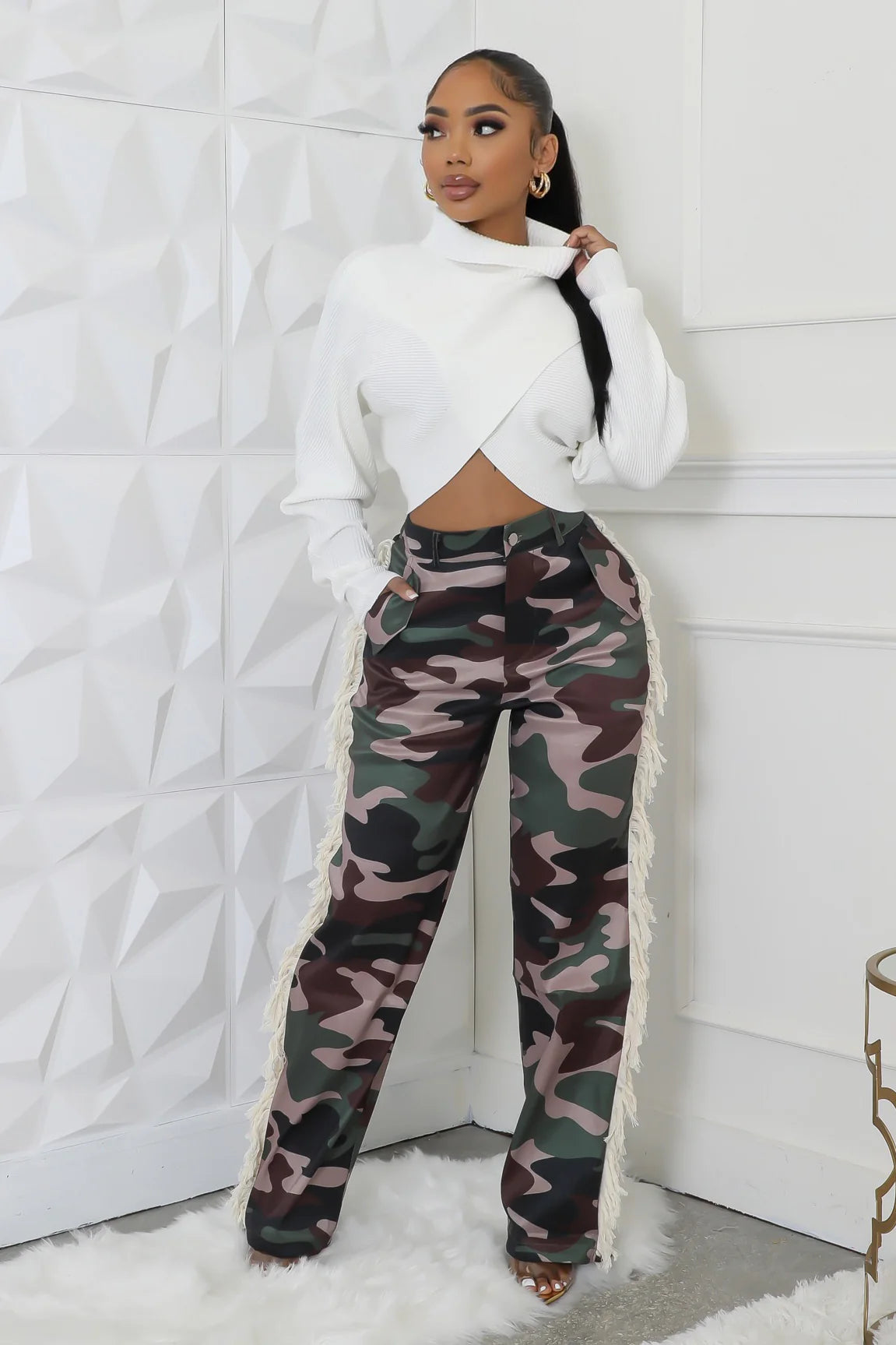 Dreya Camo Fringe Pants Multi Olive - Ali’s Couture 