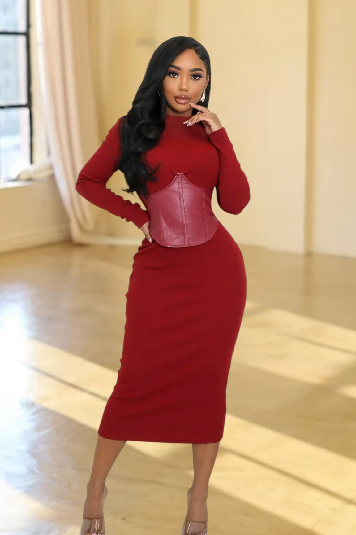 Newtown Corset Midi Dress Burgundy