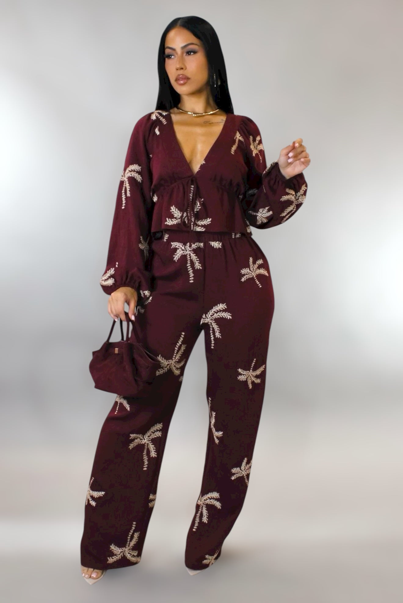 Fall Palms Tropical Pant Set Burgundy