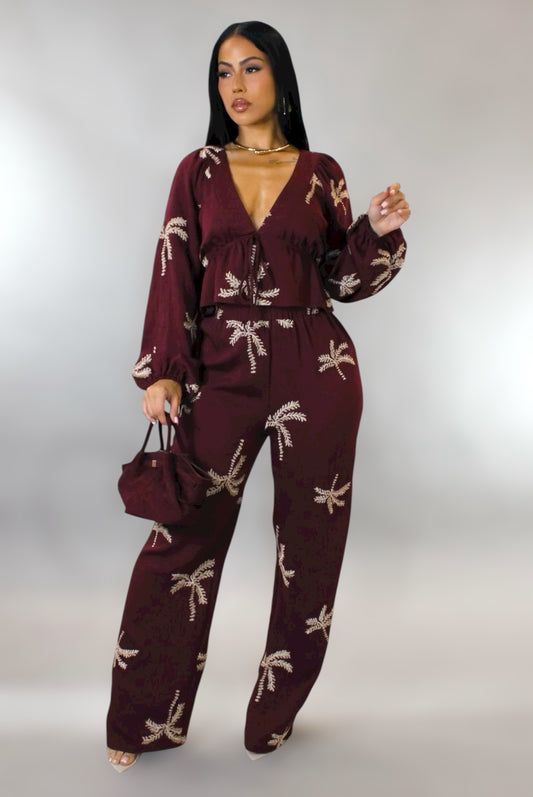 Fall Palms Tropical Pant Set Burgundy