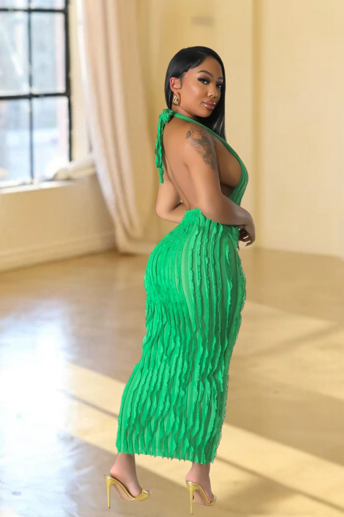 green ruffle midi dress Green Strapless Floral Cotton Ruffle Midi Dress