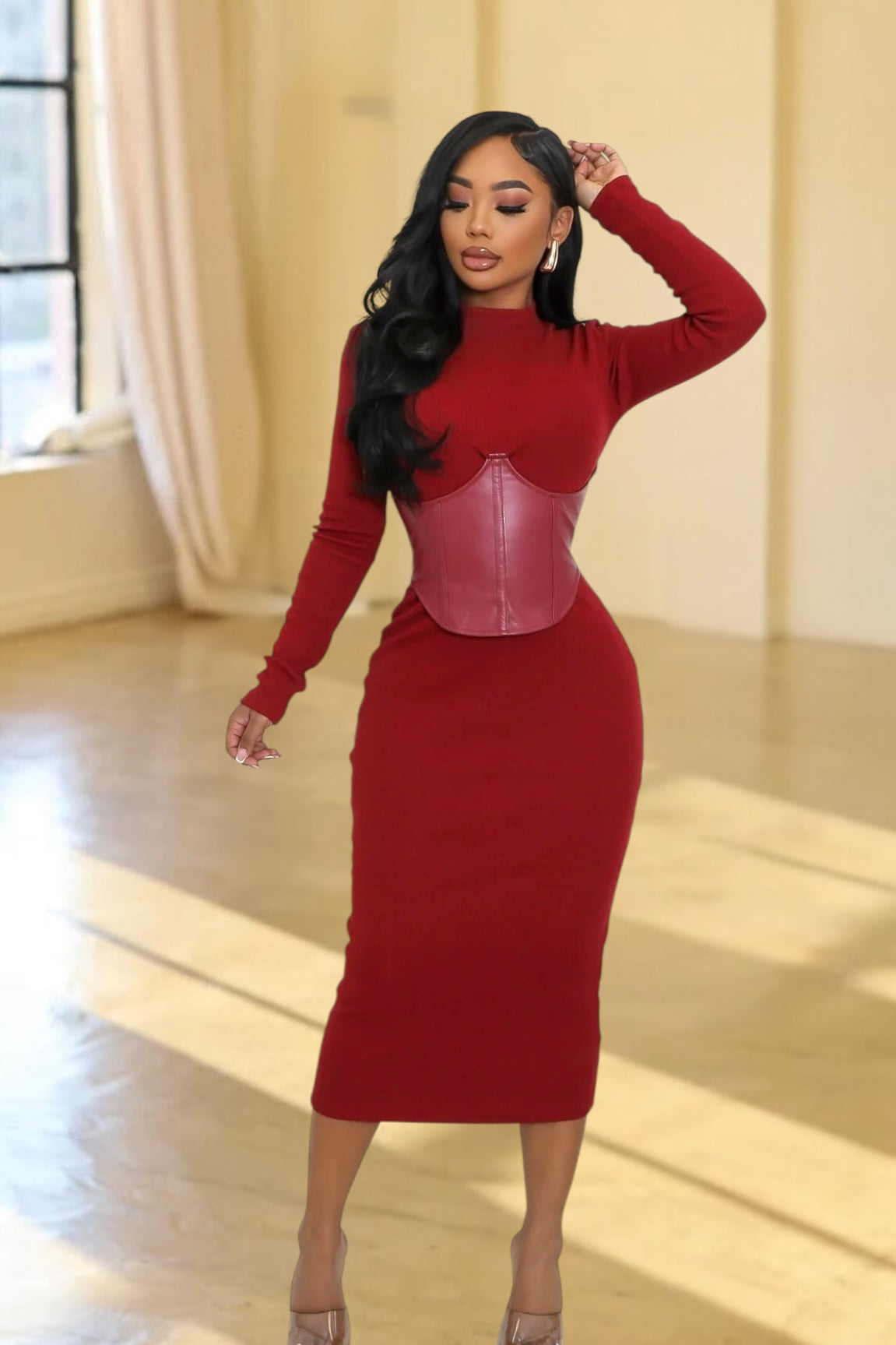 Newtown Corset Midi Dress Burgundy