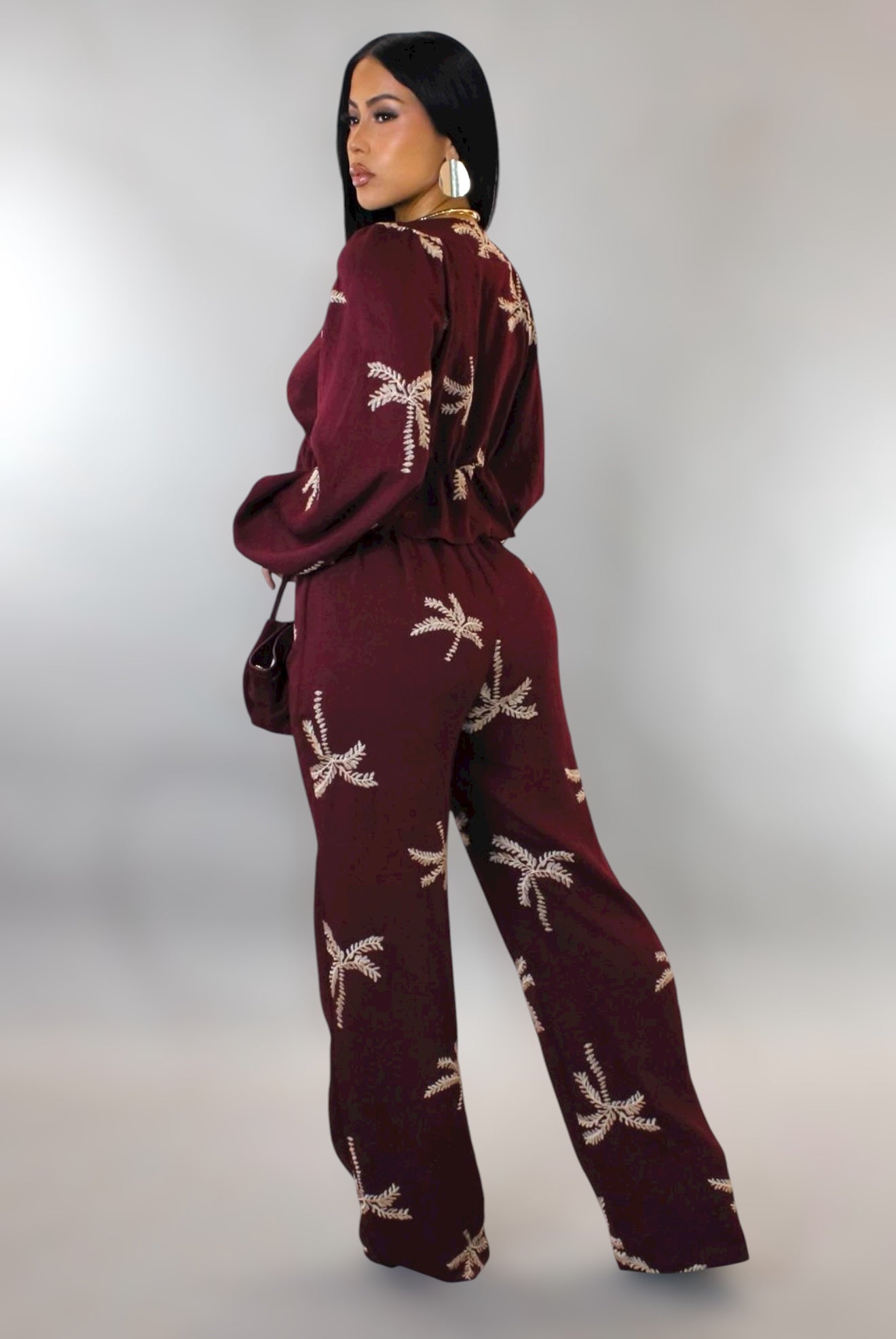 Fall Palms Tropical Pant Set Burgundy