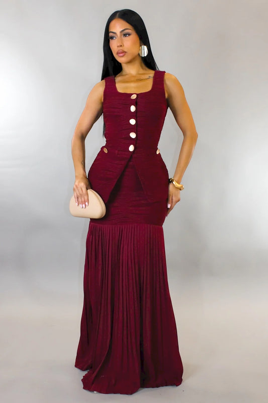 Anesa Pleated Skirt Set Burgundy