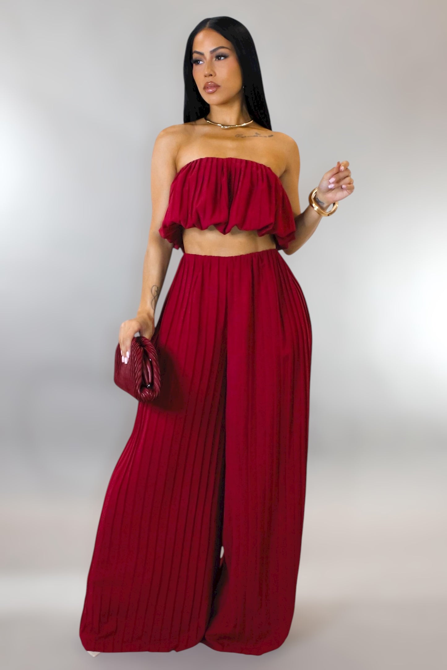 Paulina Strapless Pleaded Set Burgundy