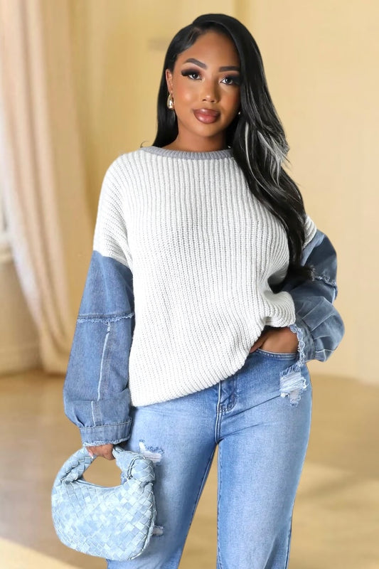 Warming Up Denim Sweater Grey - Ali’s Couture 