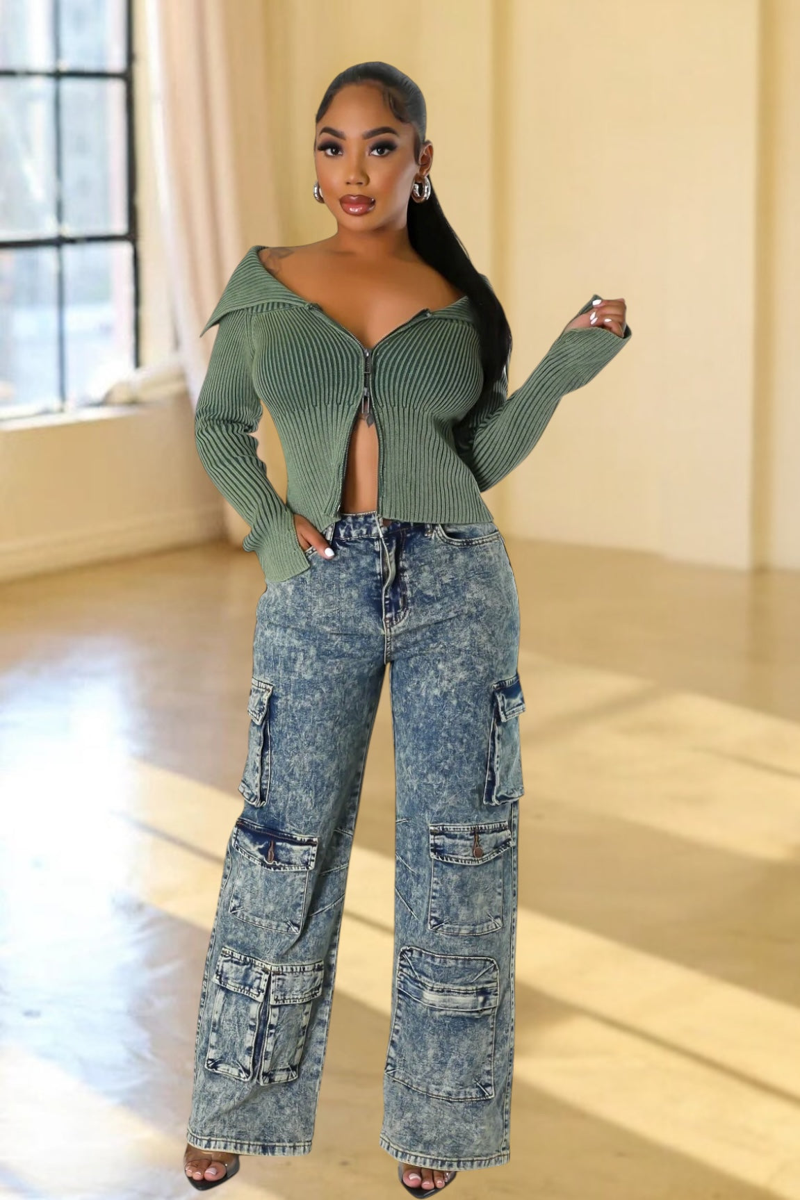 Malena Double Zipper Knit Sweater Olive