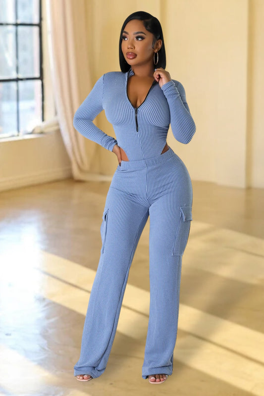 Chic Comfort Bodysuit Pant Set Blue - Ali’s Couture