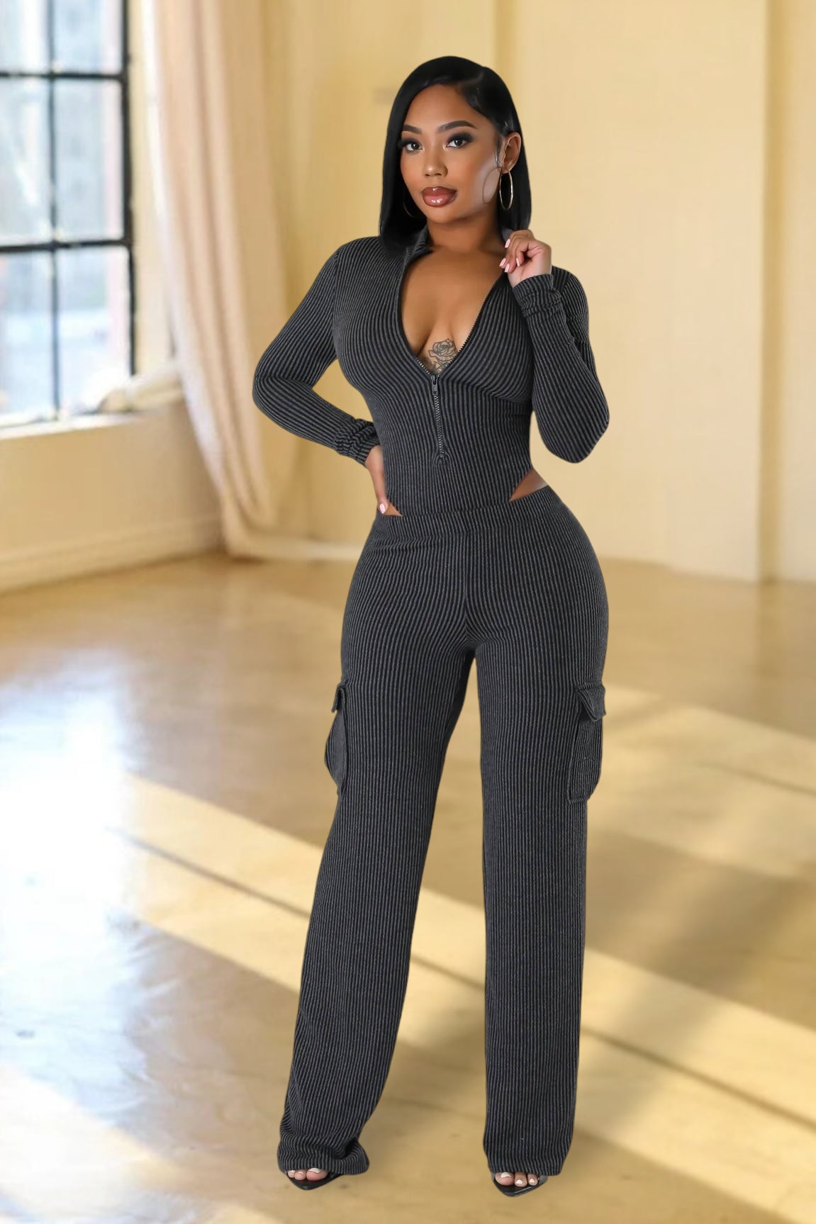 Chic Comfort Bodysuit Pant Set Charcoal - Ali’s Couture