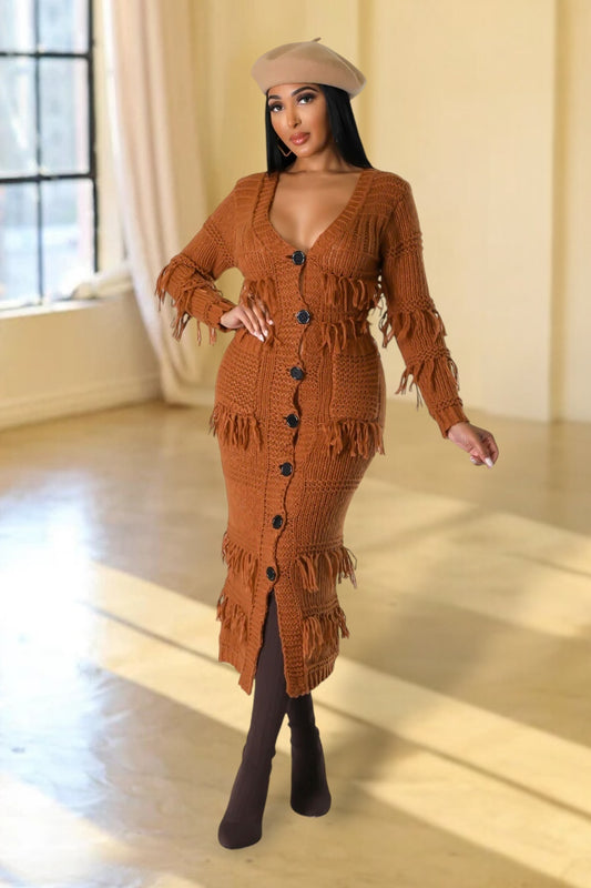 Womack Fringe Sweater Midi Dress Rust - Ali’s Couture 