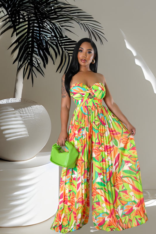 Tropical Tango Pleated Jumpsuit Multi Green - Ali’s Couture 
