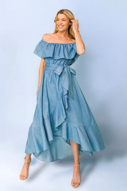 Sadie Off The Shoulder Chambray Maxi Dress Blue - Ali’s Couture 