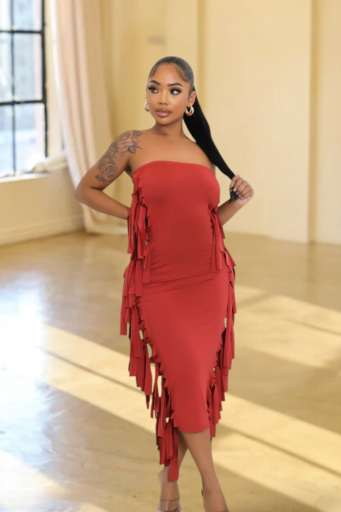 Kena Fringe Tube Midi Dress Brick