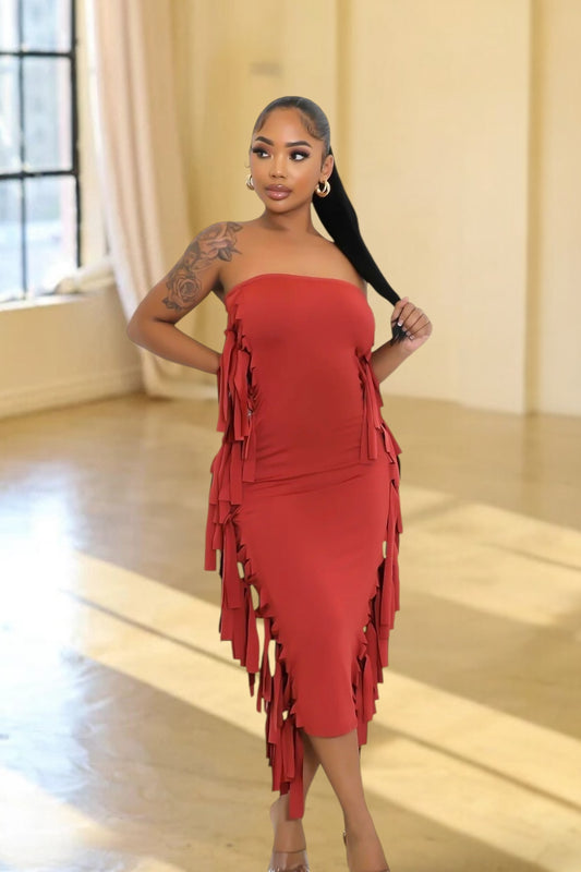 Kena Fringe Tube Midi Dress Brick