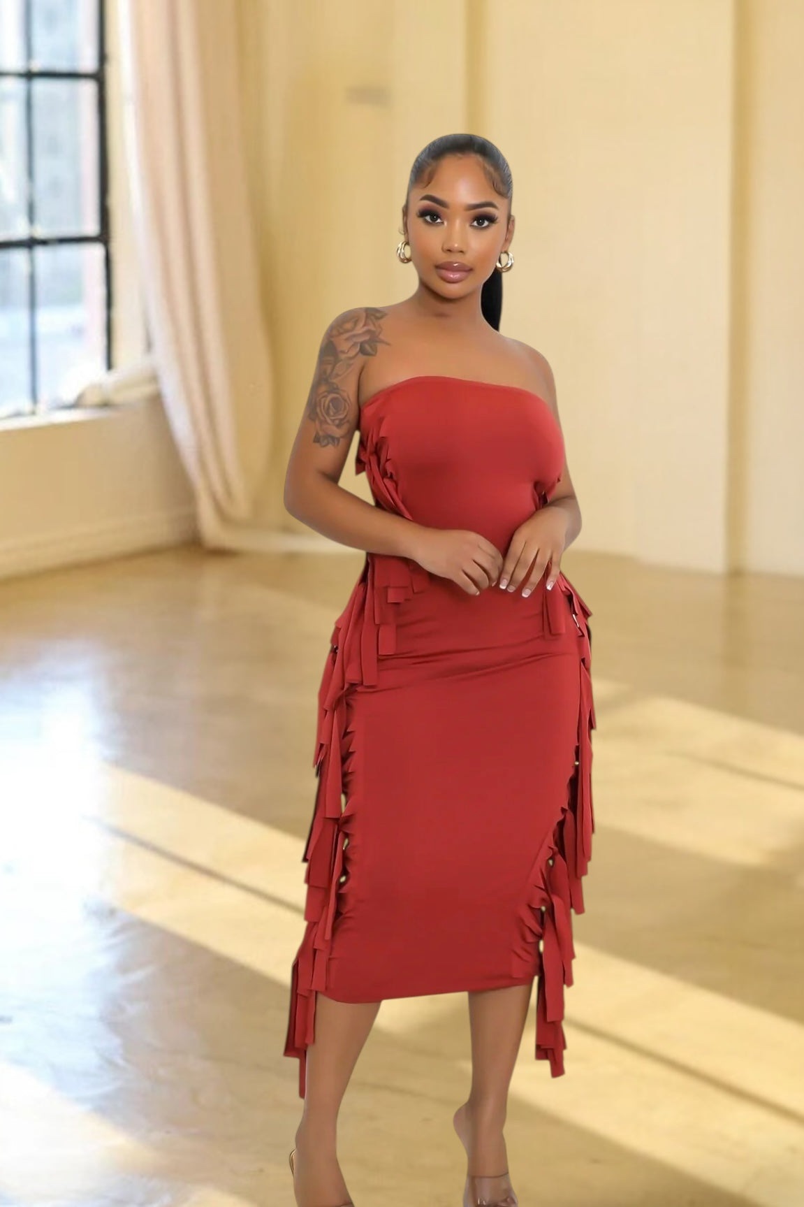 Kena Fringe Tube Midi Dress Brick