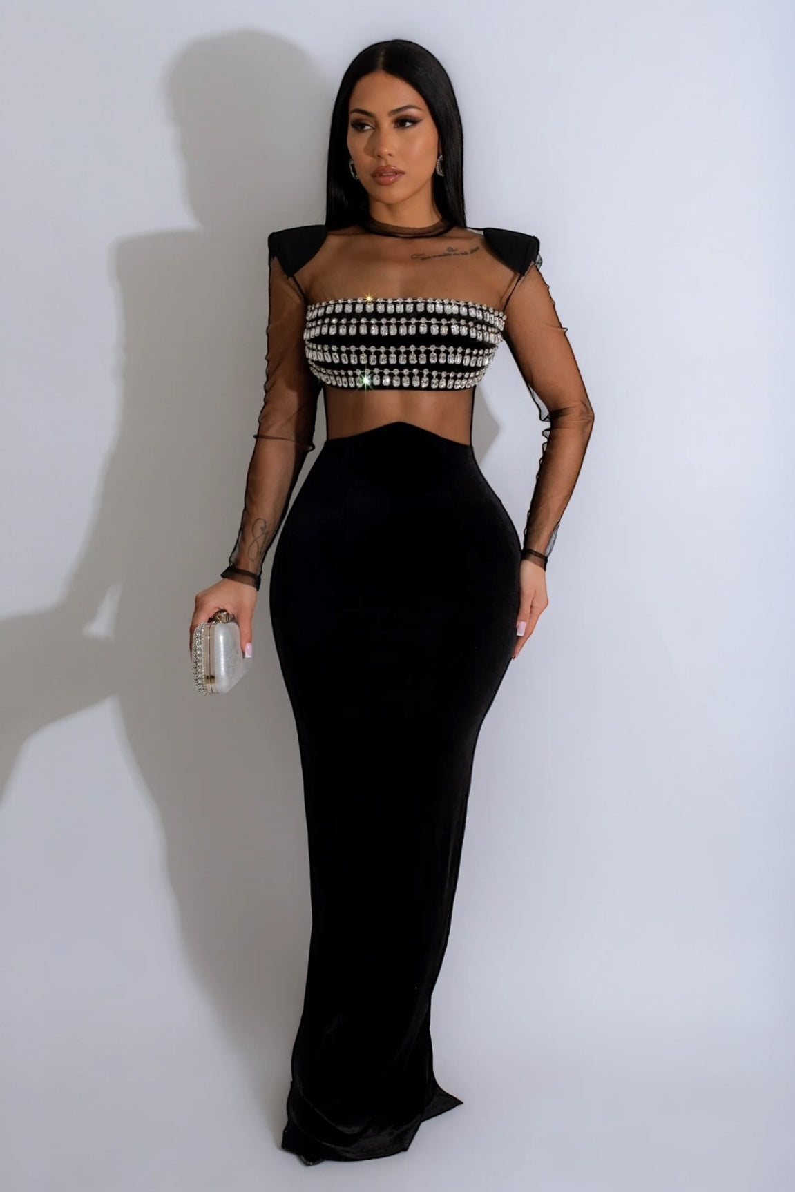 Priya Velvet Sheer Maxi Dress Black - Ali’s Couture