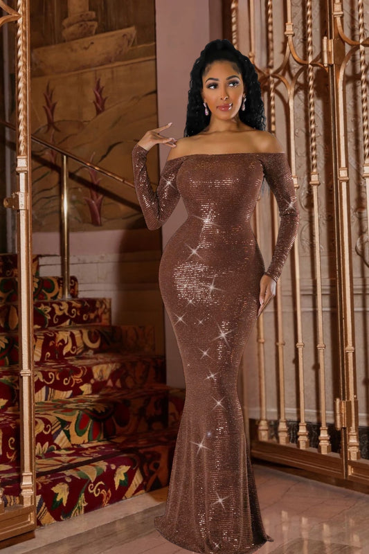 Zarah Off The Shoulder Sequin Maxi Dress Brown