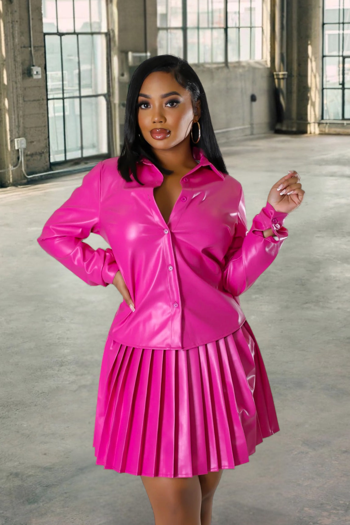 Cressida Faux Leather Skirt Set Fuchsia - Ali’s Couture