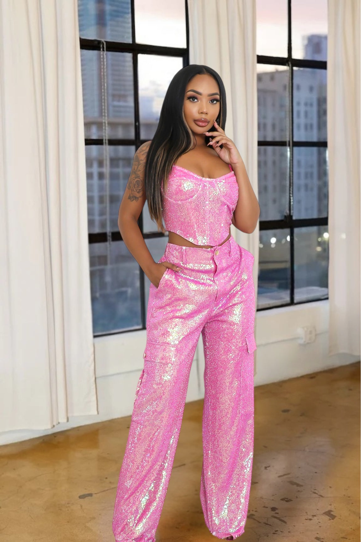 Sparkle Moment Sequin Pant Set Pink