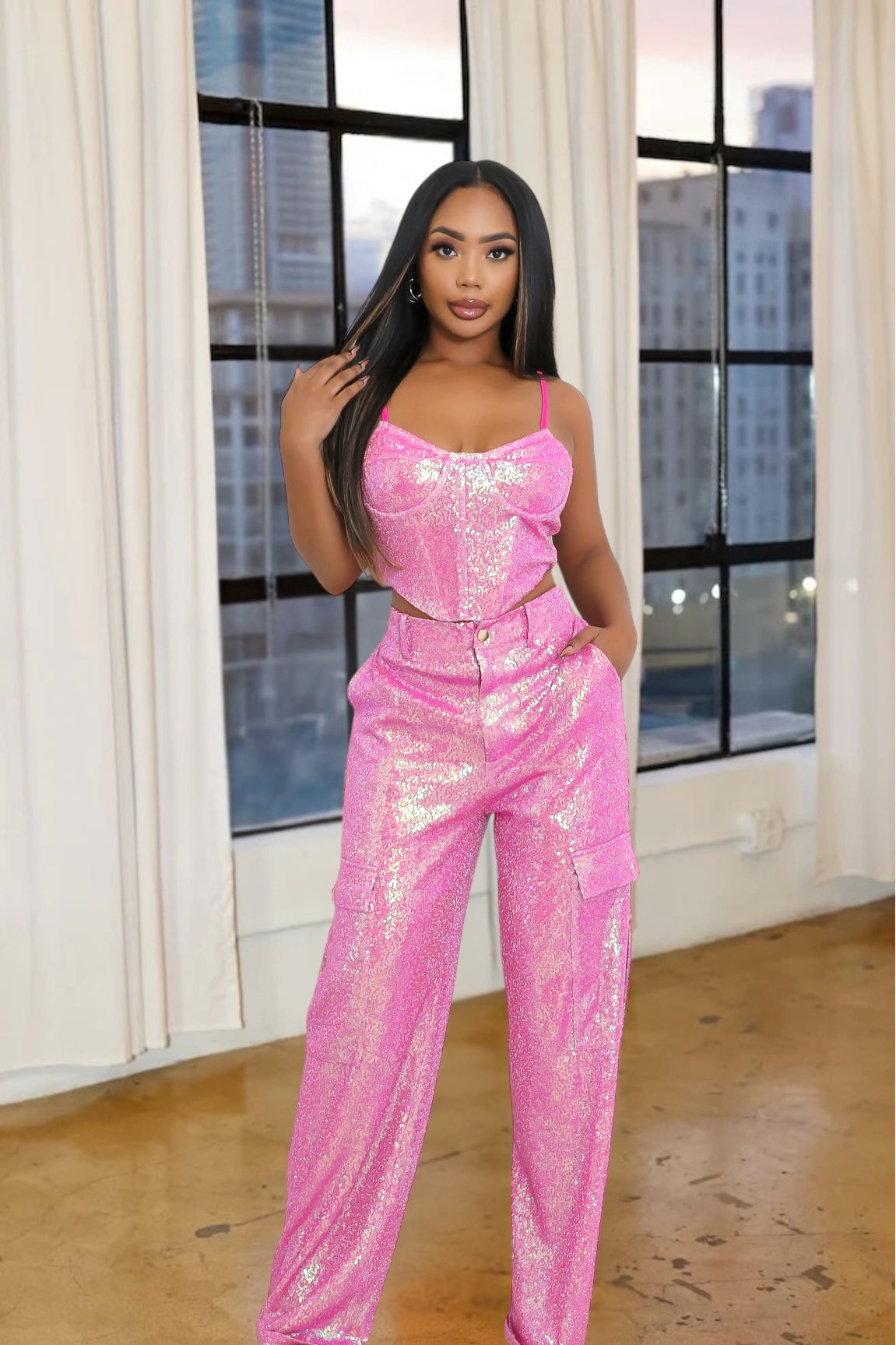 Sparkle Moment Sequin Pant Set Pink
