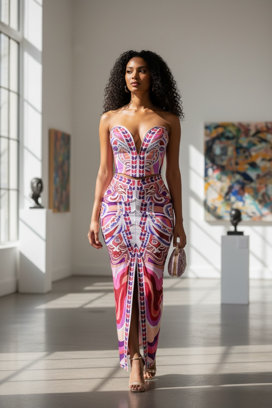Ranae Strapless Printed Skirt Set Pink - Ali’s Couture