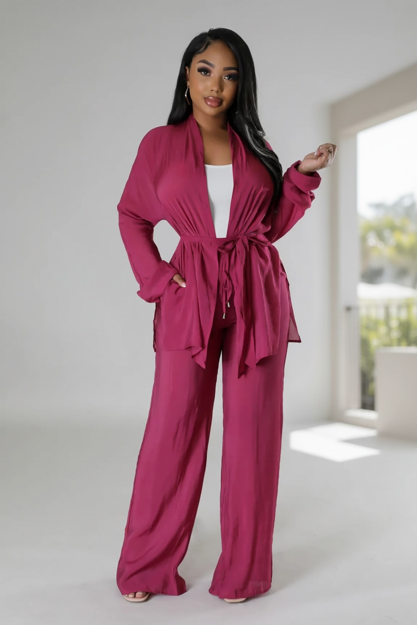 Solana Kimono Long Sleeve Pant Set Magenta - Ali’s Couture