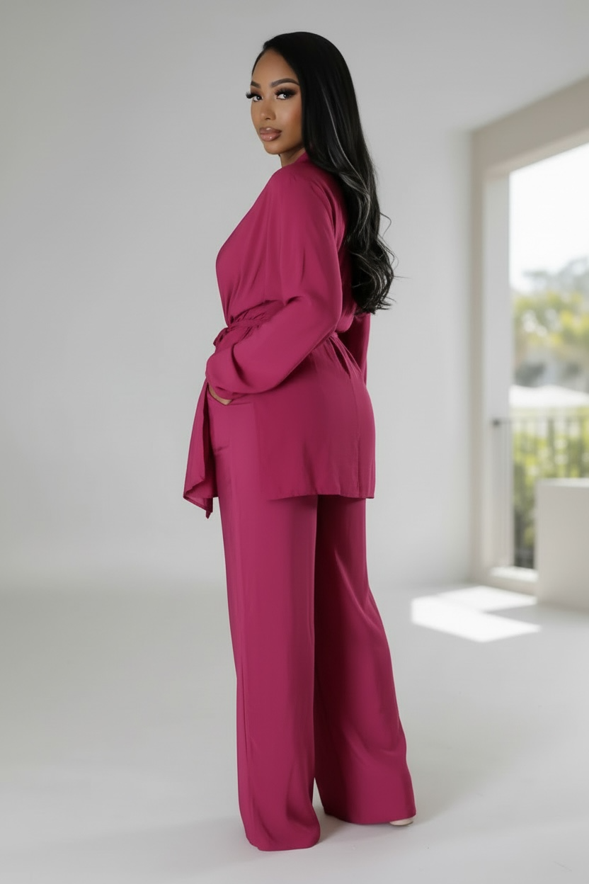 Solana Kimono Long Sleeve Pant Set Magenta - Ali’s Couture