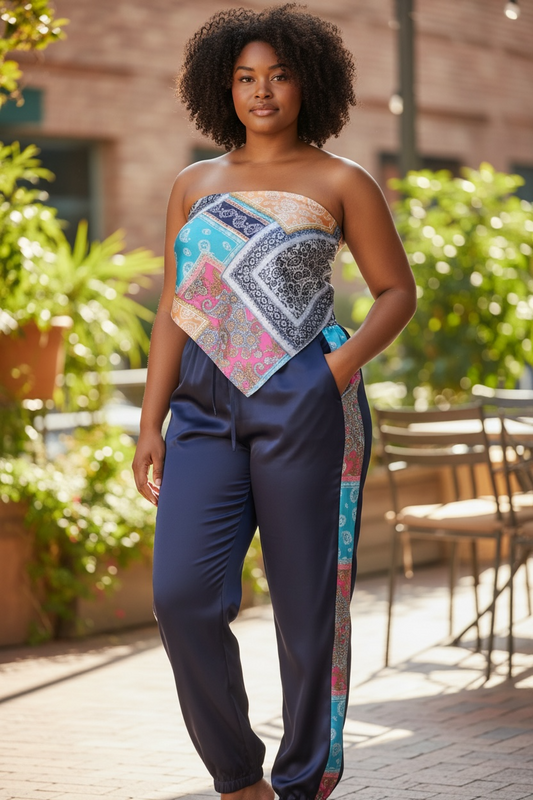 Boheme Bandeau Satin Pant Set Multi Navy Blue - Ali’s Couture