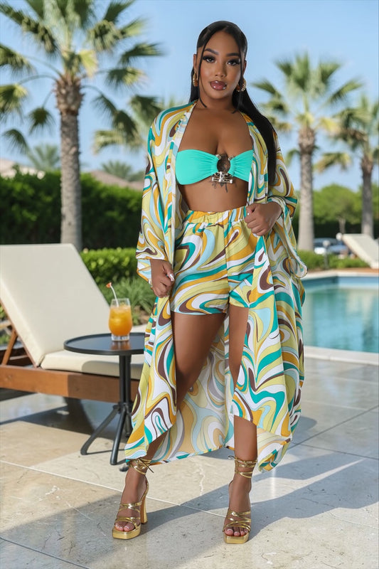 Inaya Kimono Short Set Multi Green