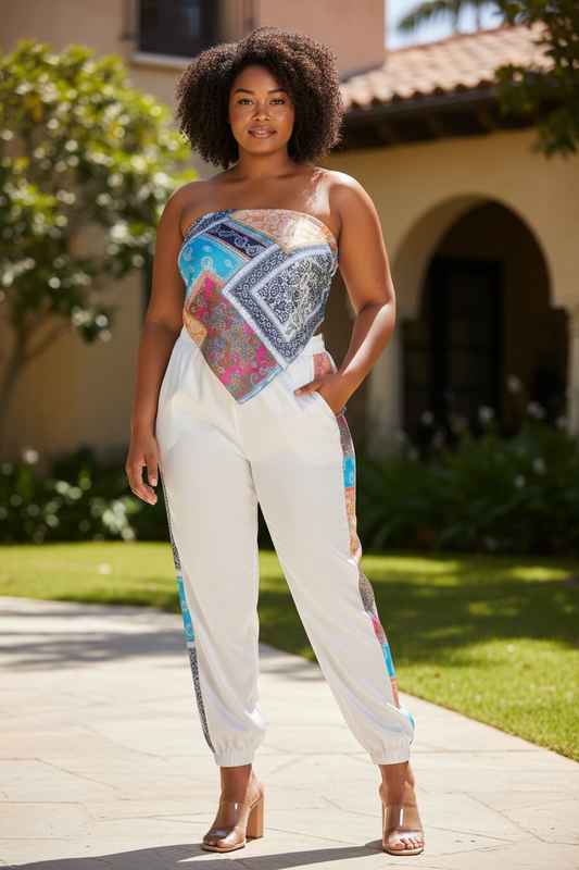 Boheme Bandeau Satin Pant Set Multi White