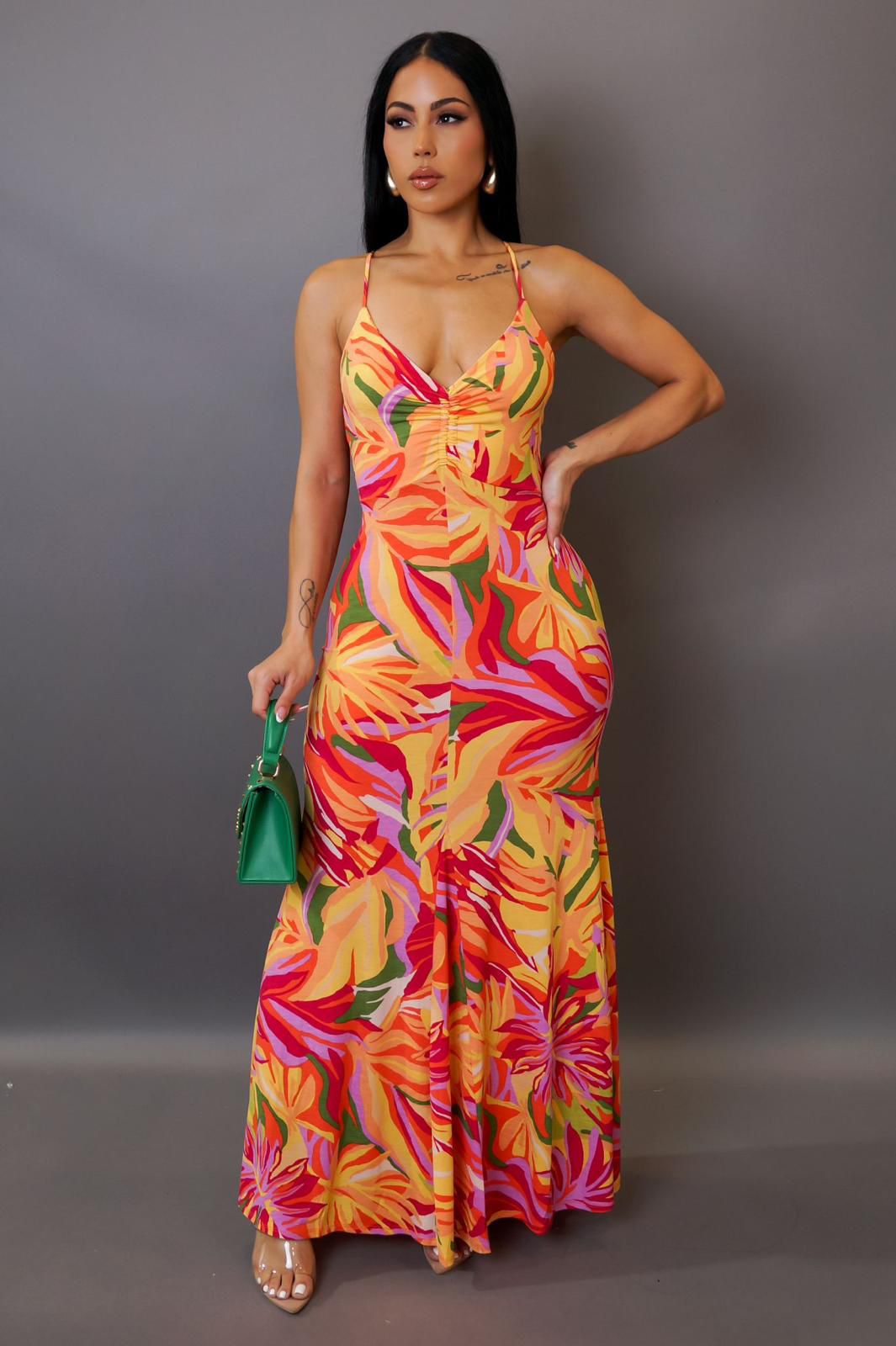 Caia Sunset Tropical Maxi Dress Yellow - Ali’s Couture 