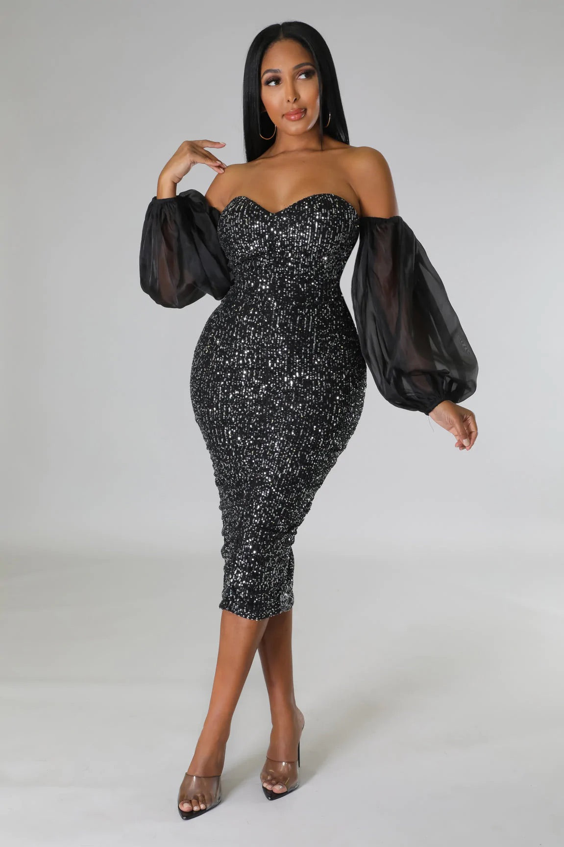 Champagne Baby Sequin Midi Dress Black - Ali’s Couture 