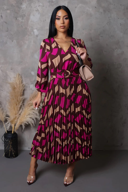 Warm Embrace Pleated Midi Dress Multi Brown - Ali’s Couture 